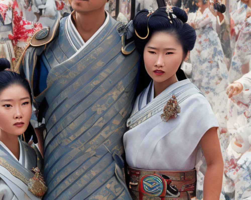 Three People in Traditional Asian Costumes at Historical Battle Reenactment