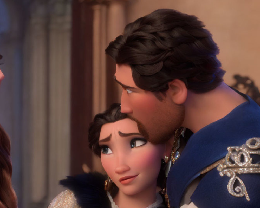 Animated characters in royal attire sharing a tender moment with a man leaning forward to kiss the woman's forehead