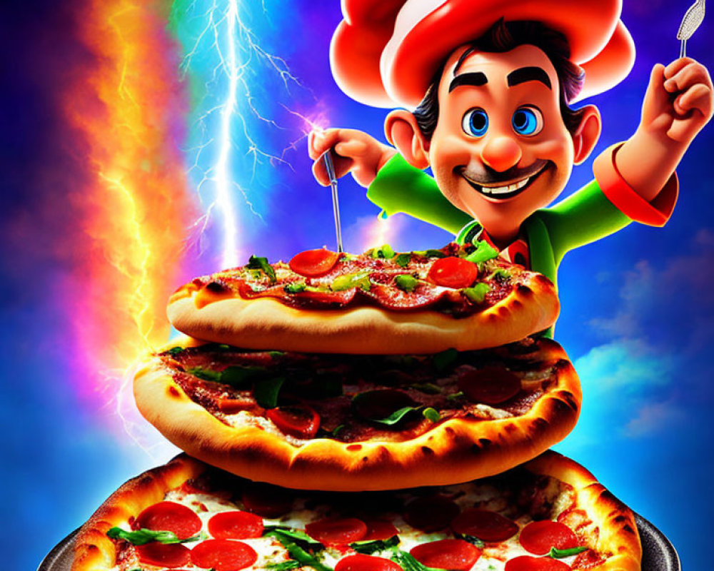 Smiling animated chef with spatula above giant pepperoni pizza on blue background