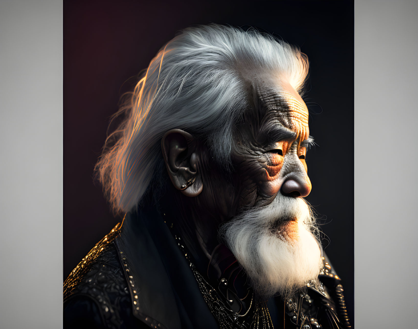 Detailed digital portrait of an old man with white beard and piercing eyes in dark clothing on moody background