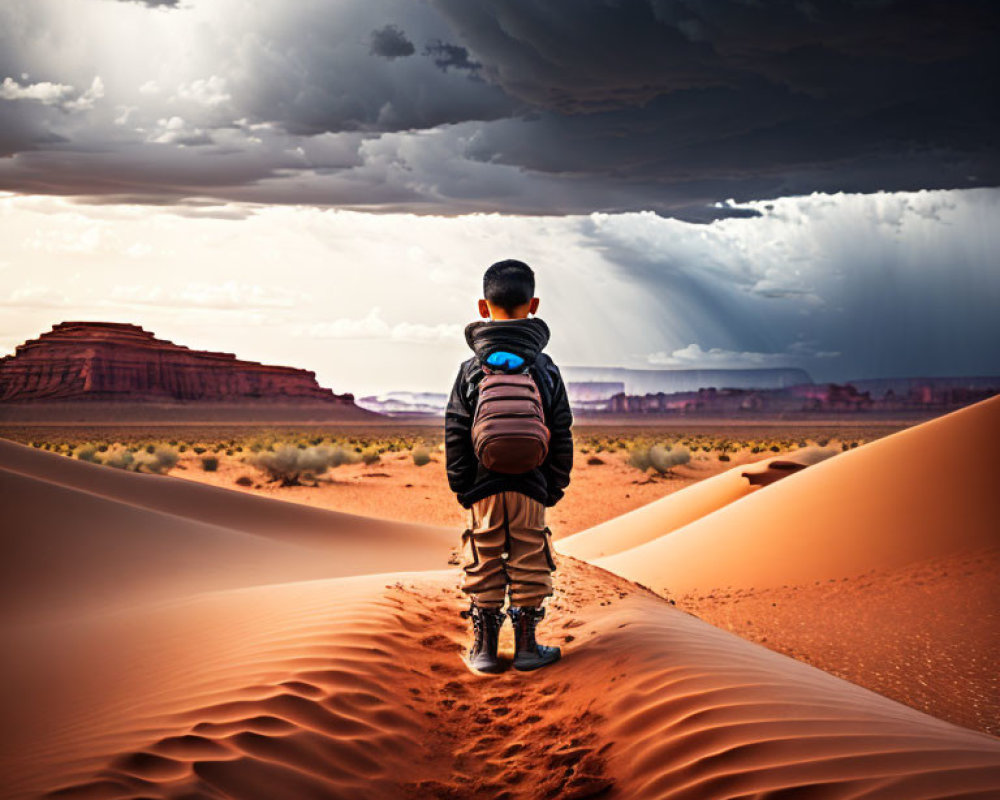 Child with backpack on desert dune under dramatic rain sky