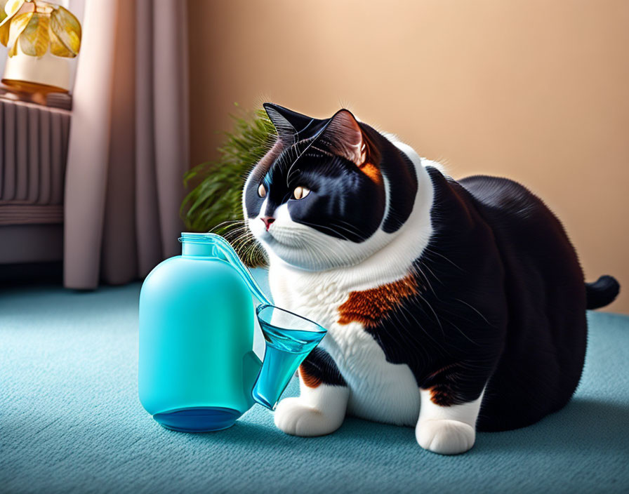 Plump black and white cat with blue glass bottle and martini glass on teal carpet