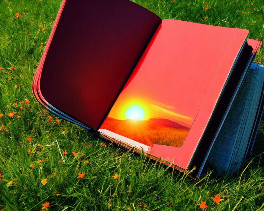 Open book with realistic sunset pages on grass.