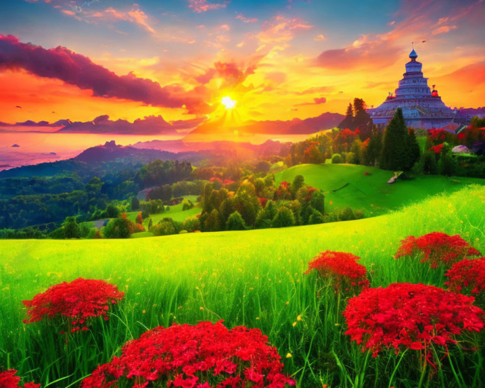 Colorful sunset over green fields and grand building on hill