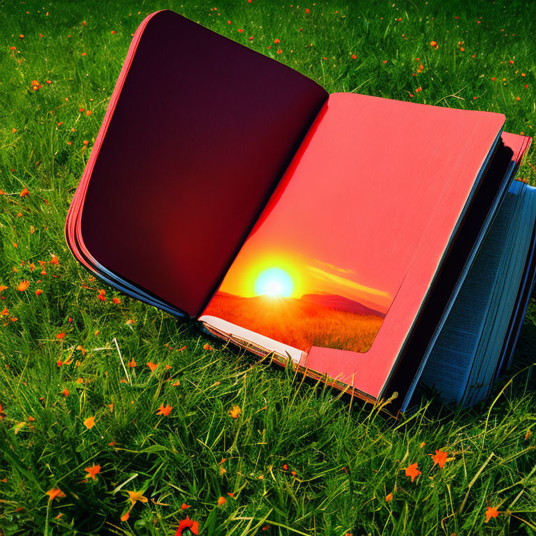 Open book with realistic sunset pages on grass.