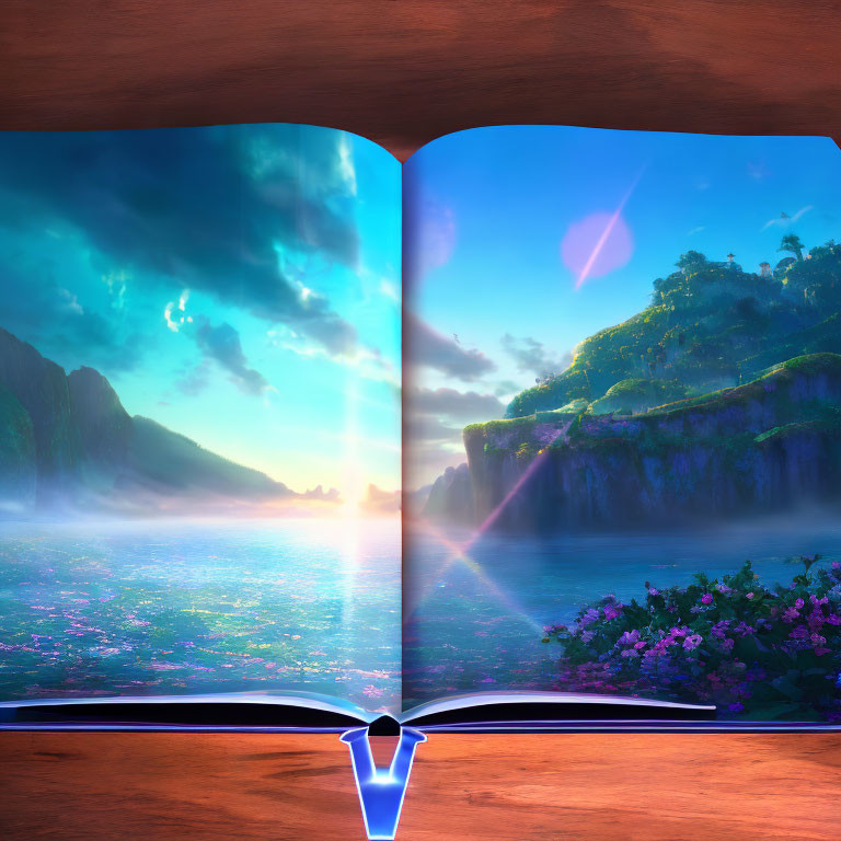 Vibrant landscape blending reality and fantasy from open book