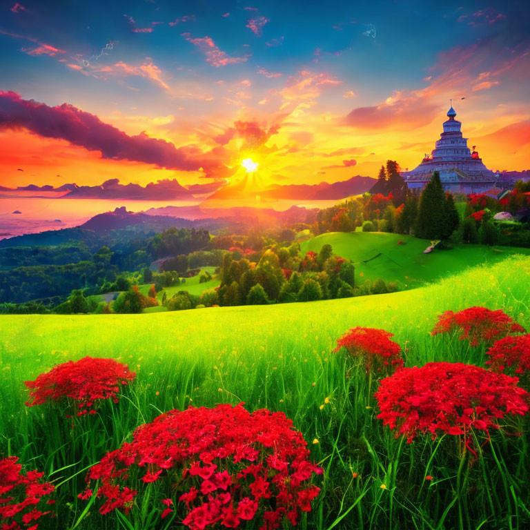 Colorful sunset over green fields and grand building on hill