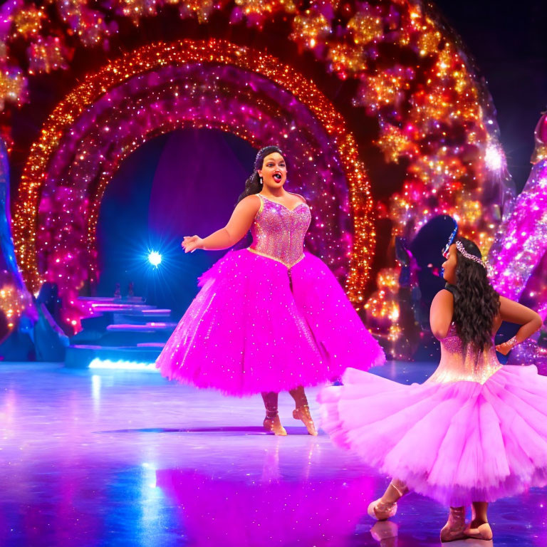 Figure skaters in pink dress and tutu on ice with lit arch