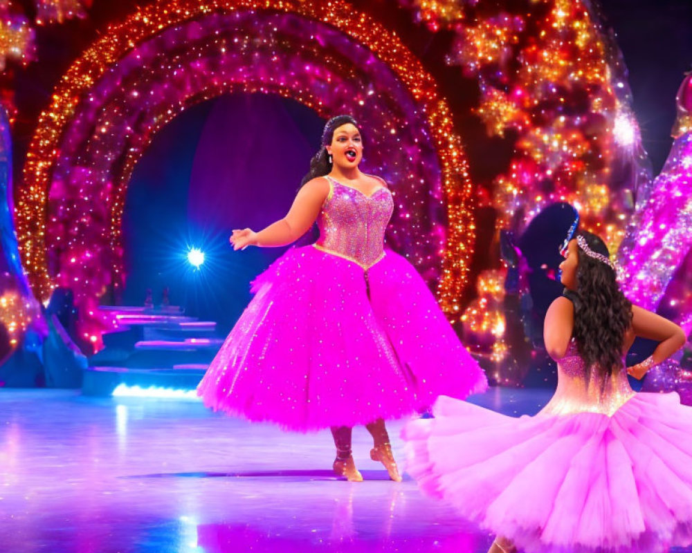 Figure skaters in pink dress and tutu on ice with lit arch