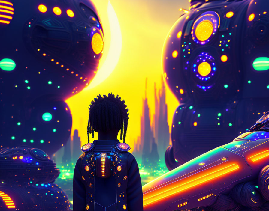 Futuristic figure with robots under golden sky in sci-fi scene