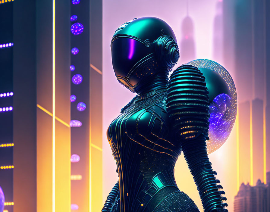 Sleek futuristic robot in neon-lit urban setting