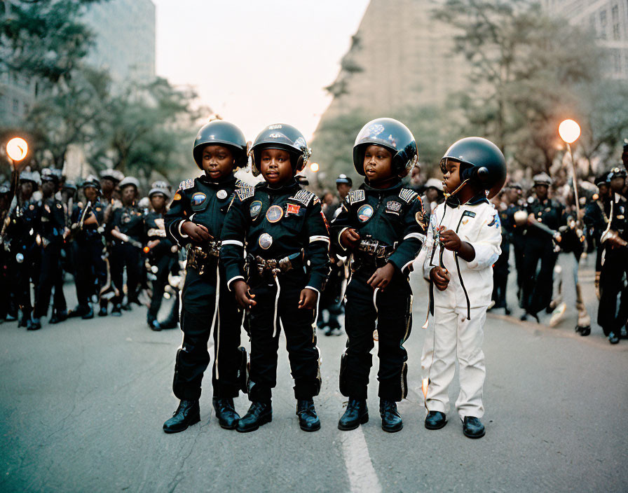 Children in police and astronaut costumes at parade lineup with crowd in background