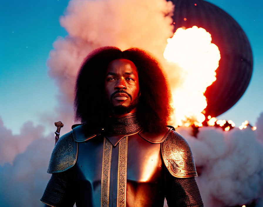 Majestic man in armor with afro amid fiery explosion and blue sky