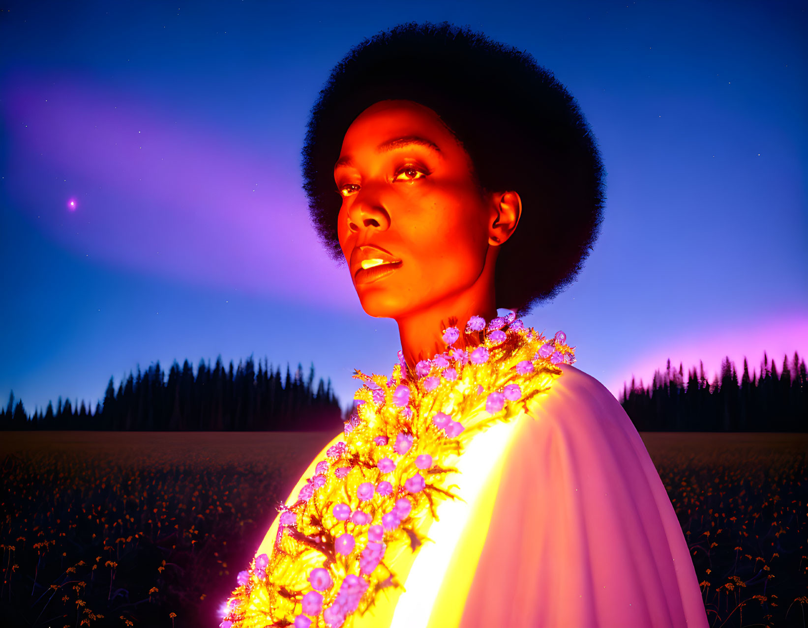 Woman in flower-adorned dress standing in field at dusk with purple and pink sky