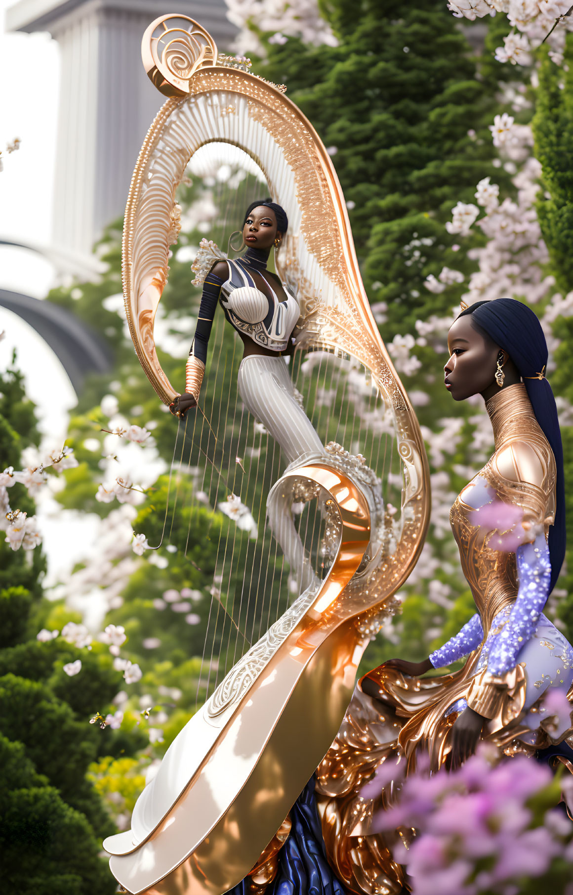 3D illustration of two women with harp design and blooming flowers in modern architecture