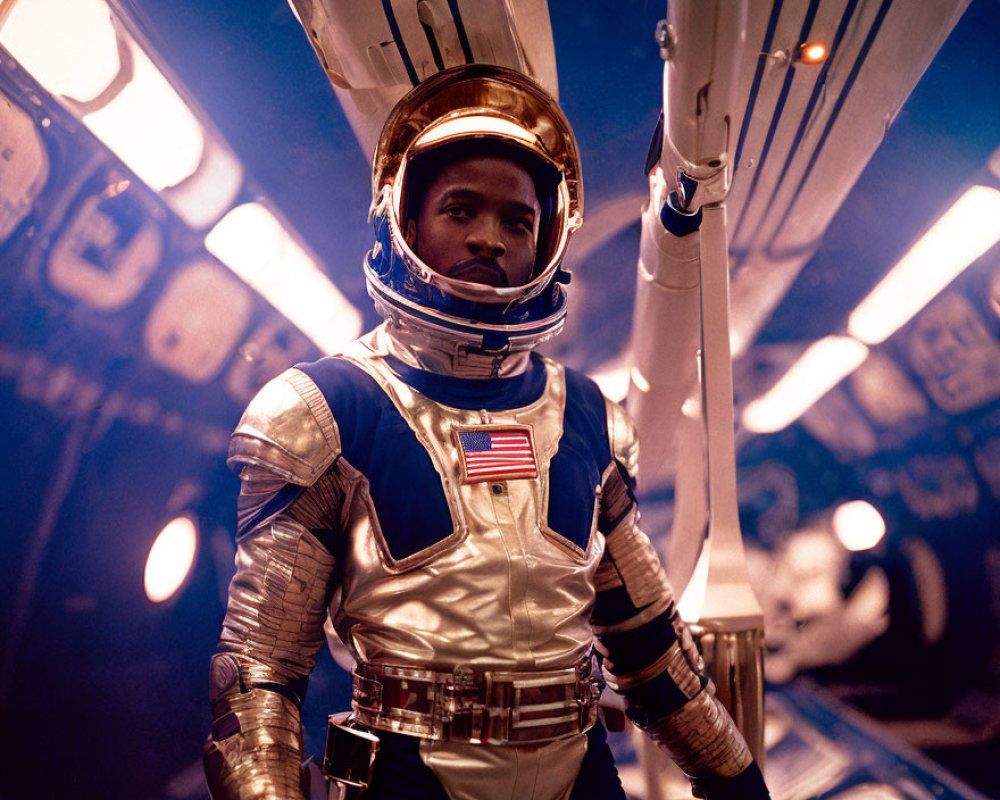 Blue and Gold Astronaut in Spacecraft with American Flag Patch