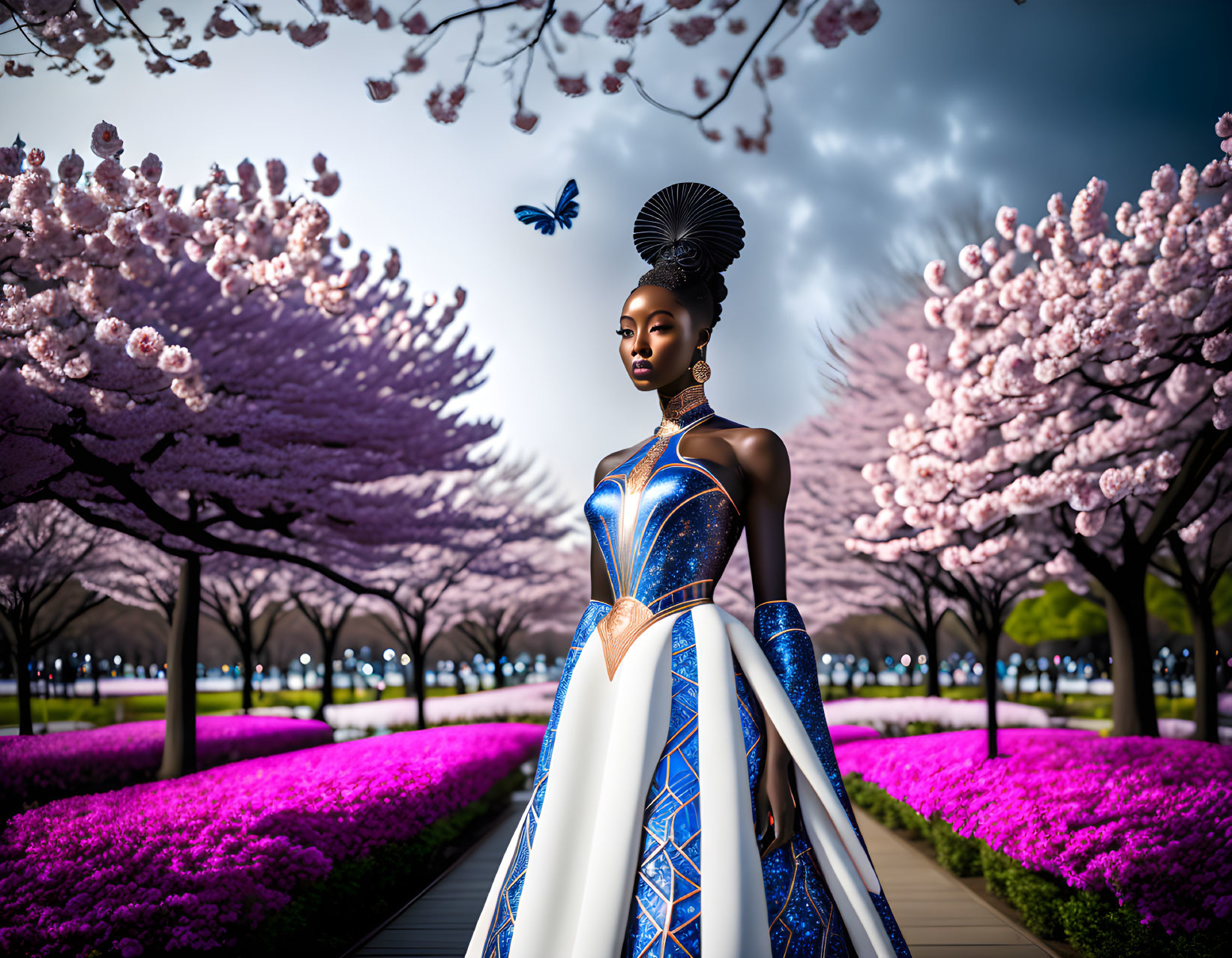 Elegant woman with ornate hairdo in vibrant park with pink blossoming trees