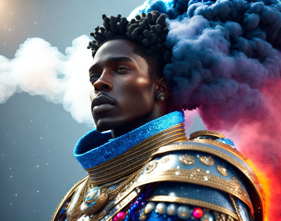 Regal figure in golden armor with blue scarf, surrounded by swirling smoke on starry backdrop