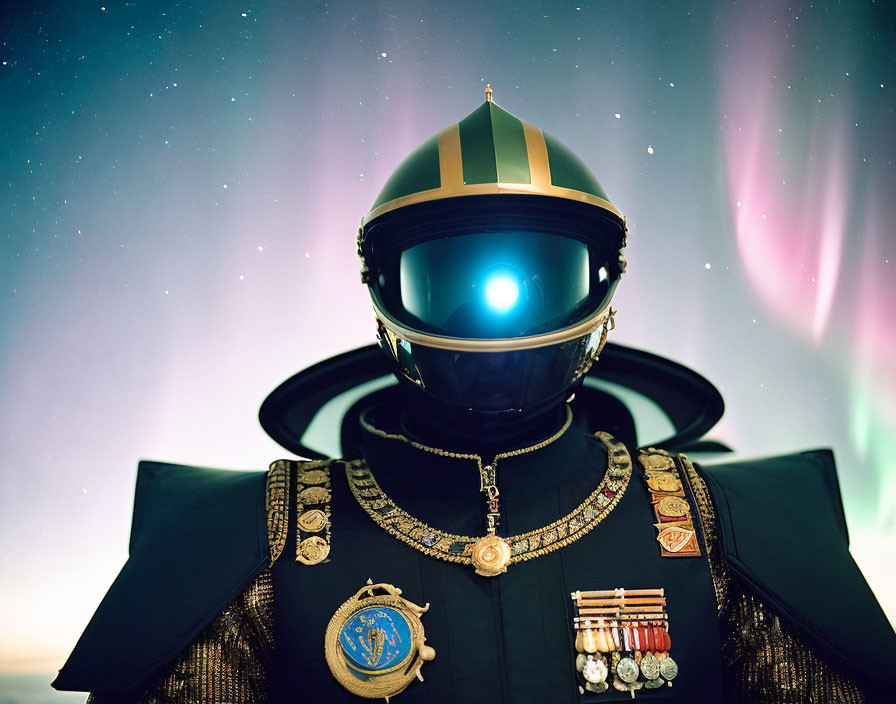 Military person in uniform with medals and futuristic helmet under starry sky with aurora borealis.