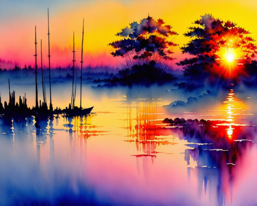 Colorful Watercolor Landscape: Sunset Reflections on Lake