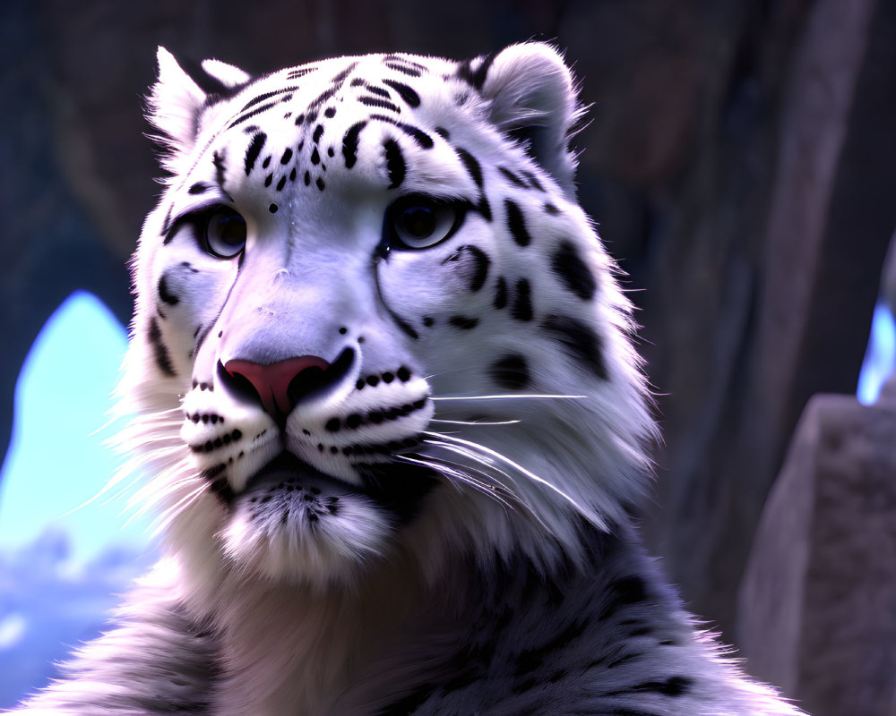 Snow leopard with blue eyes and white fur with black spots on rocky background