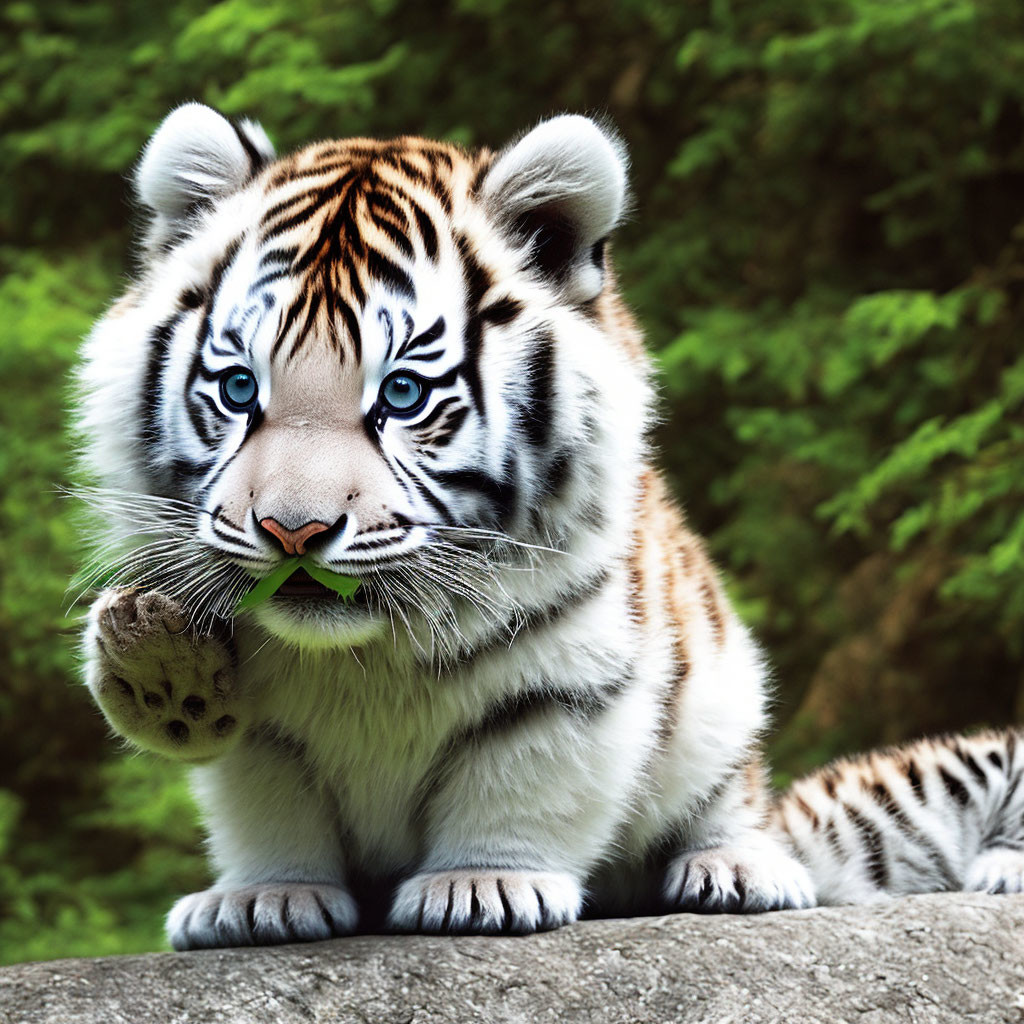 Young tiger cub with black stripes on rock in lush green foliage