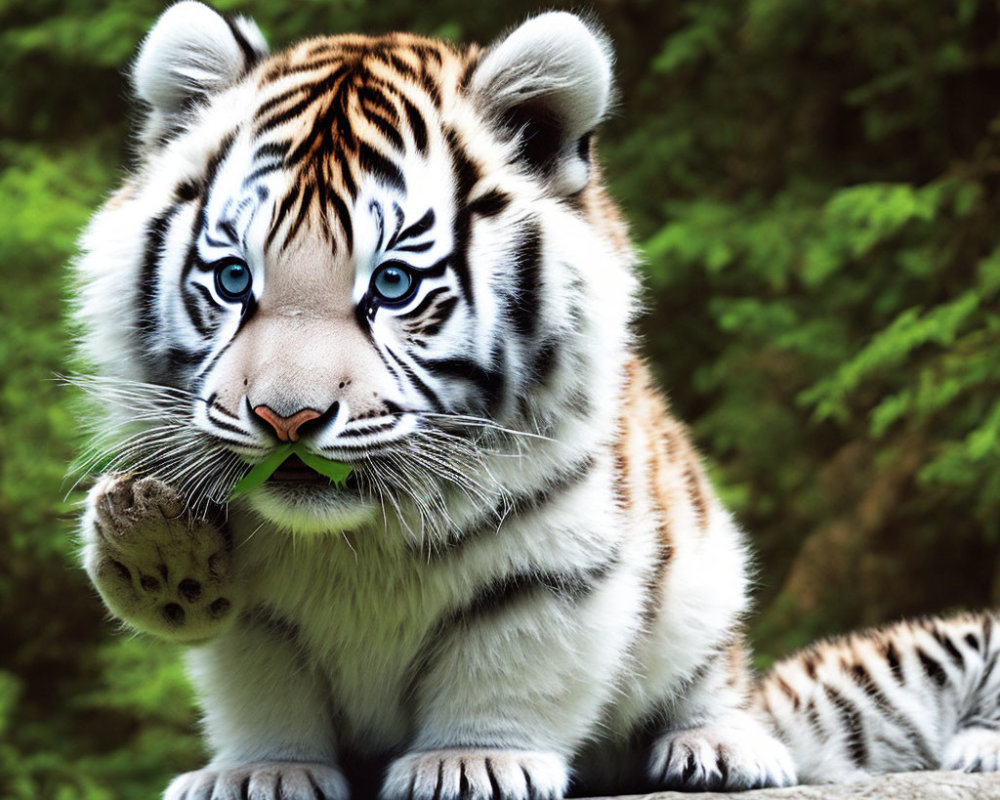 Young tiger cub with black stripes on rock in lush green foliage