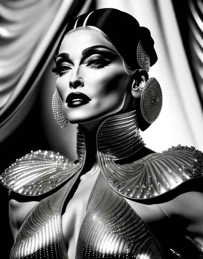 Monochromatic image of woman with dramatic makeup and reflective outfit