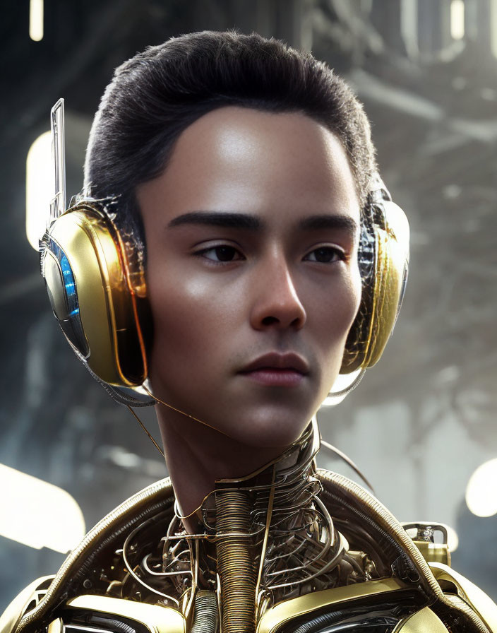 Digital artwork: Person with mechanical body parts and golden headphones in industrial setting