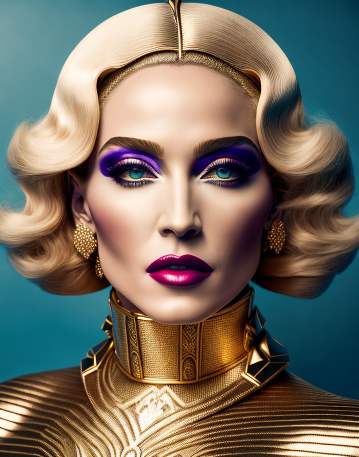 Stylized portrait of woman with golden headdress, purple eyeshadow, and vintage blonde curls