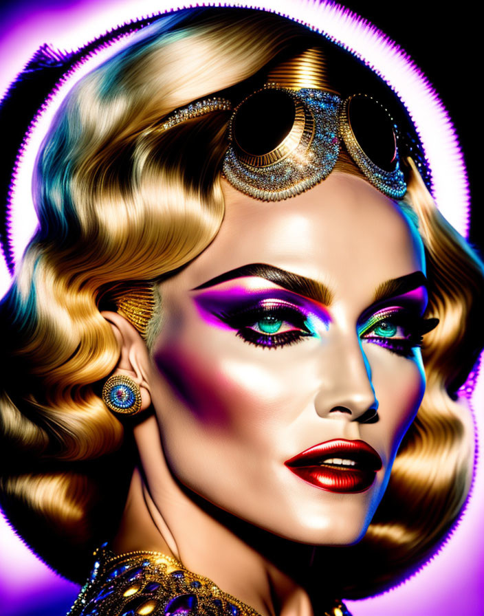 Portrait of woman with bold makeup and retro wavy hair wearing aviator goggles on neon-lit background