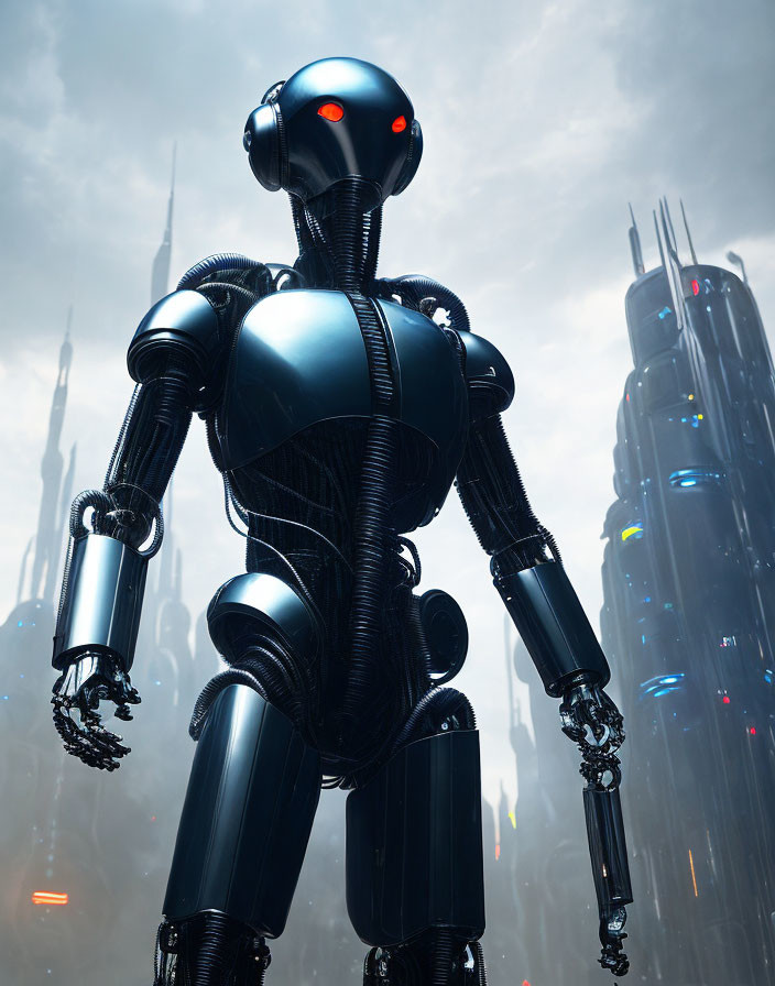 Futuristic robot with red eyes in urban setting