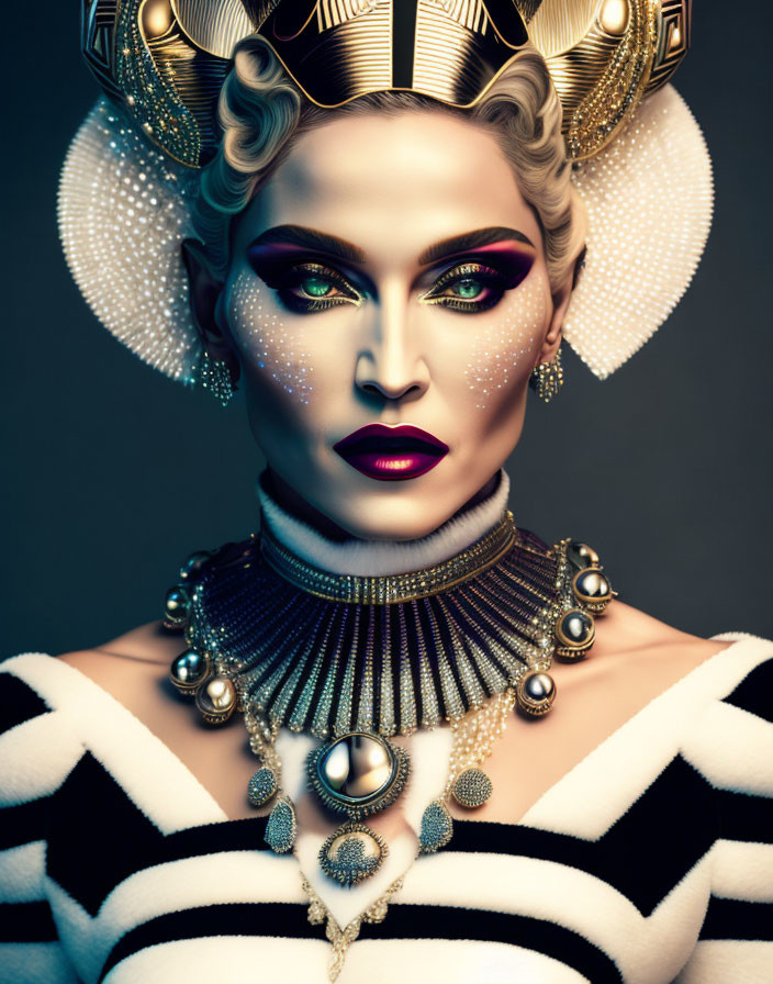 Elaborate gold headdress and vibrant makeup on woman portrait