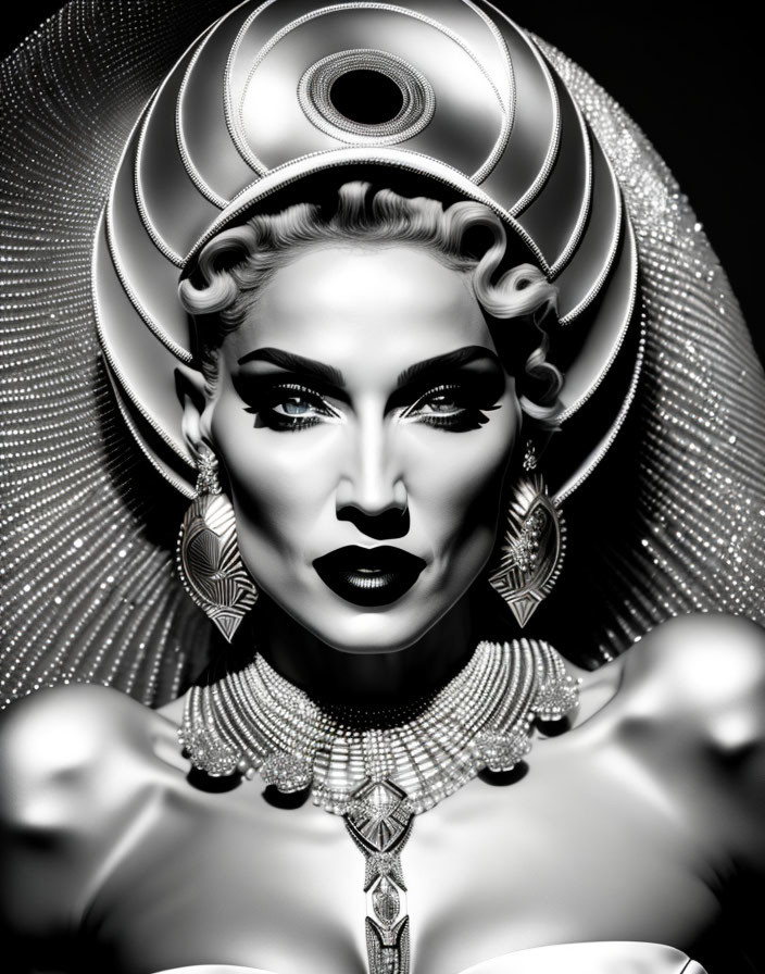 Monochrome image of person with dramatic makeup, futuristic hairstyle, ornate jewelry