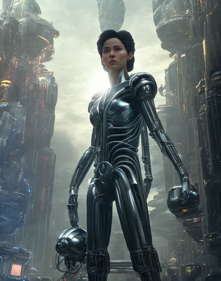 Female Cyborg Stands in Futuristic Cityscape at Dusk