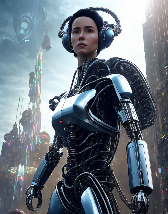 Futuristic female android with intricate wiring in neon-lit cityscape