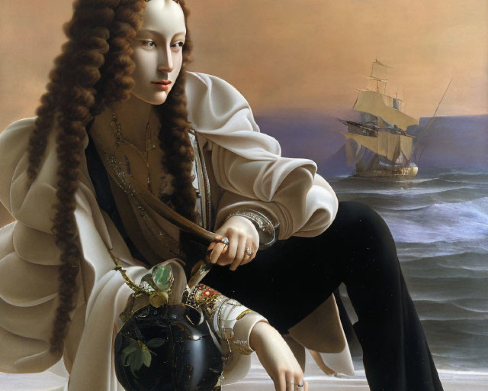 Braided Hair Figure Beside Ship Vase