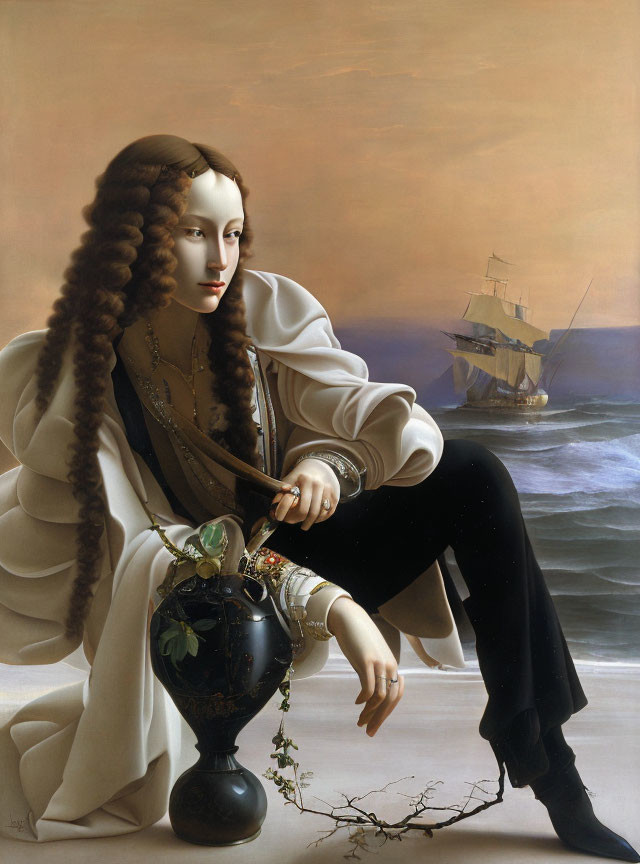 Braided Hair Figure Beside Ship Vase