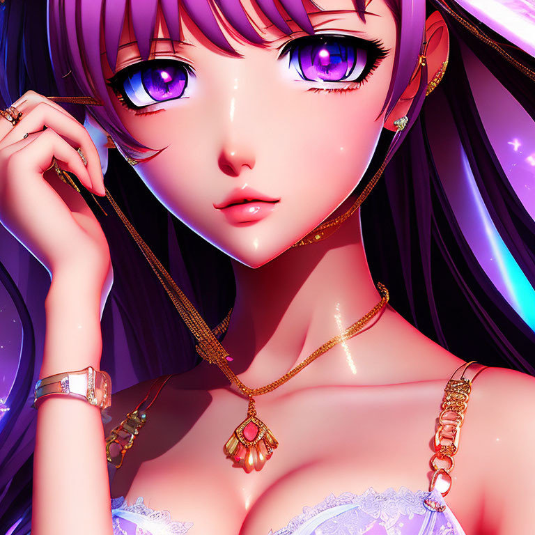 Girl with Purple Eyes and Gold Jewelry in Starry Setting Holding Hair Strand