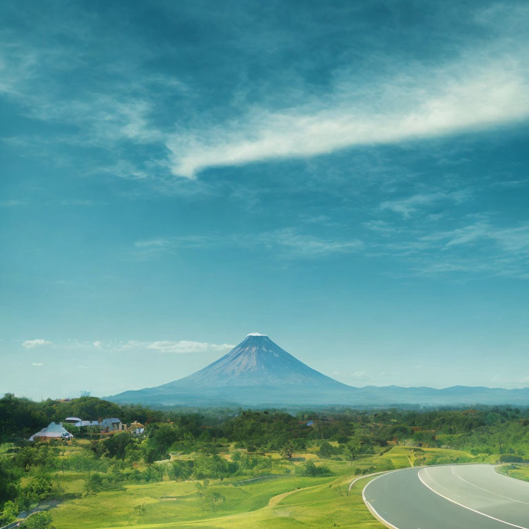 Majestic volcano viewed from winding road through verdant fields