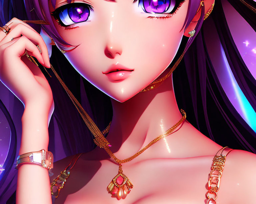 Girl with Purple Eyes and Gold Jewelry in Starry Setting Holding Hair Strand