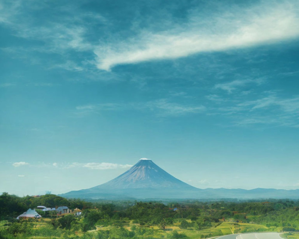 Majestic volcano viewed from winding road through verdant fields