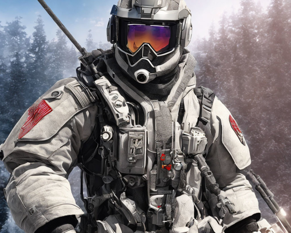 Futuristic soldier in combat gear with helmet and visor in snowy forest