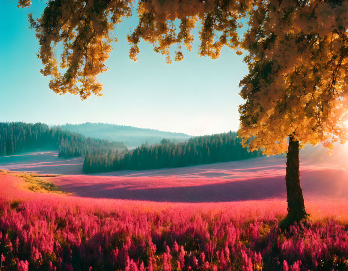 Scenic landscape with pink-purple fields, forested horizon, and golden-leaved trees.