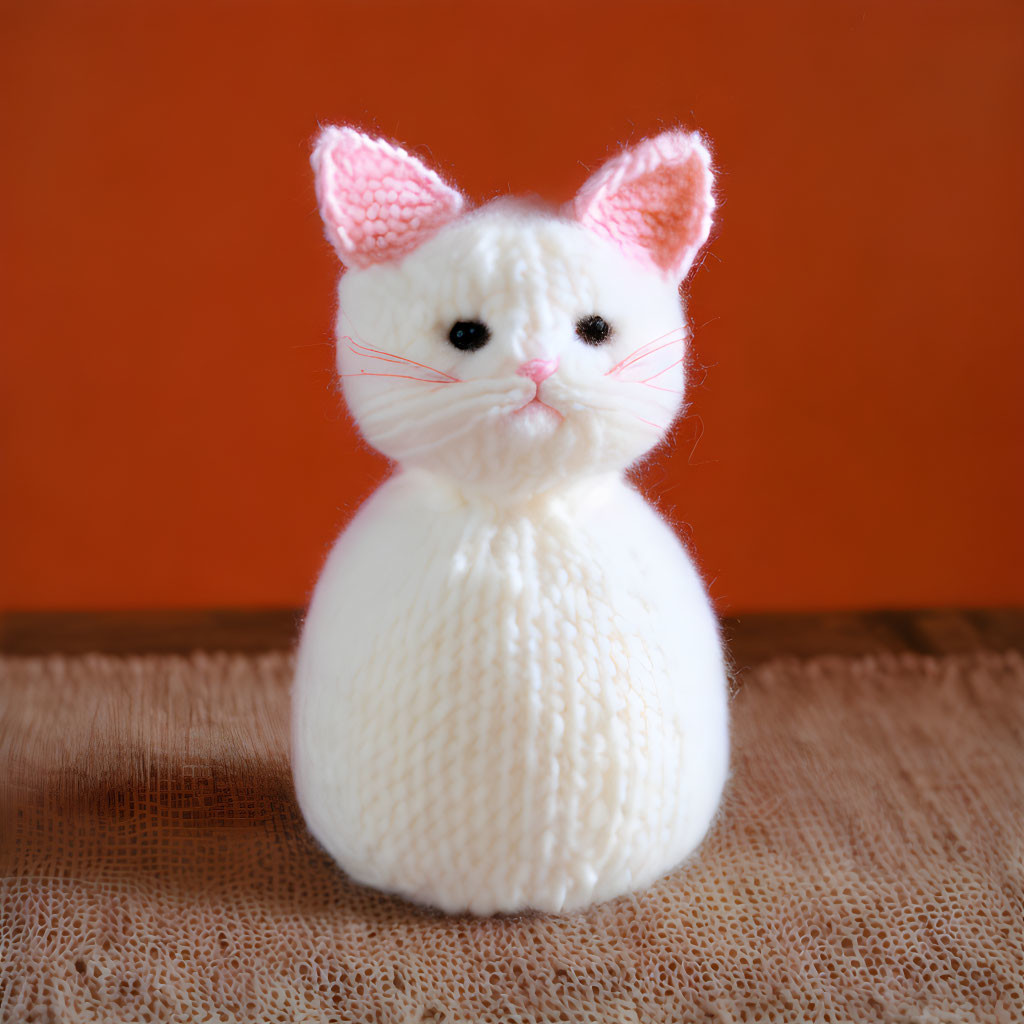 Knitted cat toy with pink ears and whiskers on orange background