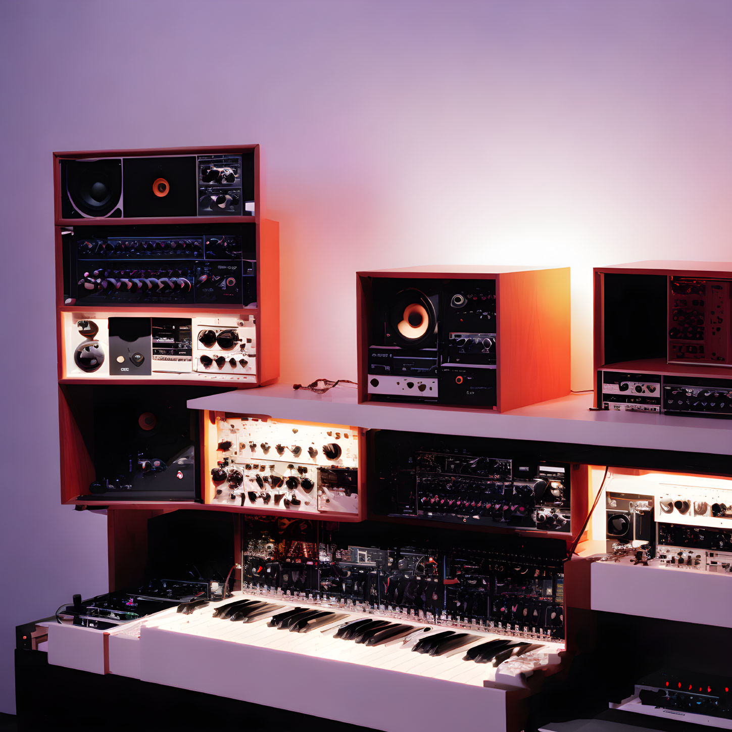 Vintage audio equipment and synthesizer on shelves under ambient purplish lighting