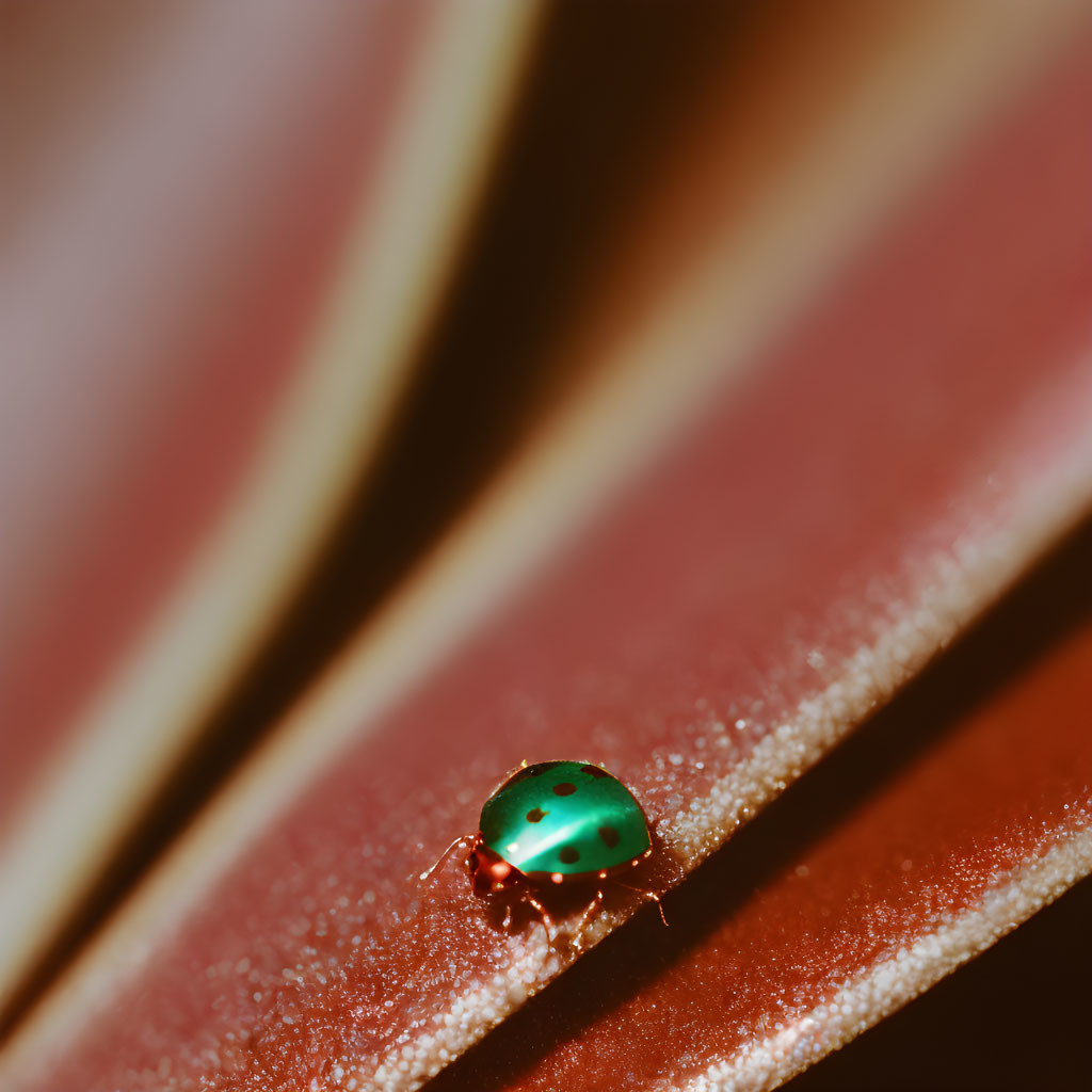 Green ladybug with black spots on textured reddish-brown surface