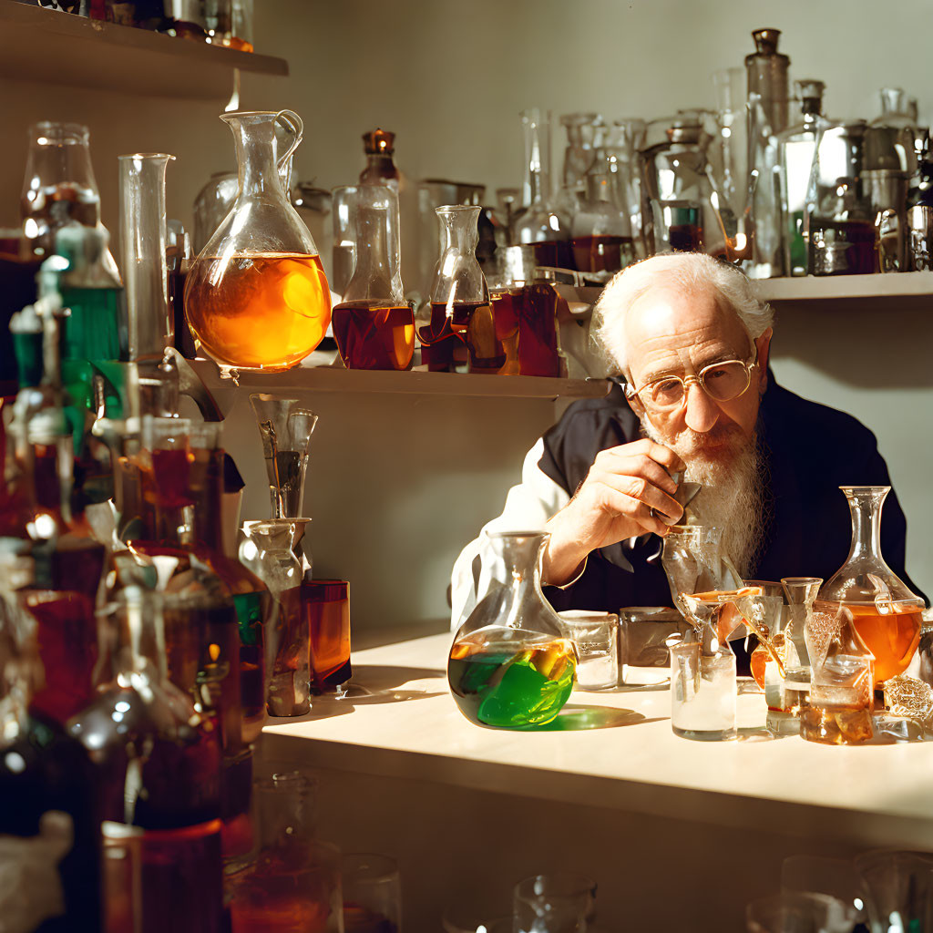 Elderly Scientist with Beard Examining Flask in Chemical-Filled Lab