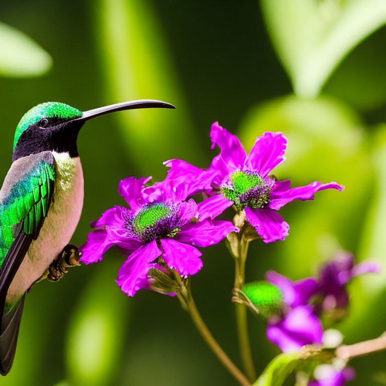 Iridescent green hummingbird near vibrant purple flowers