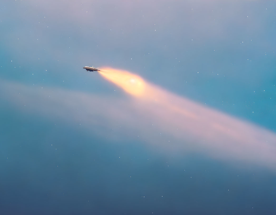 Airplane ascending with orange and white contrail in blue sky